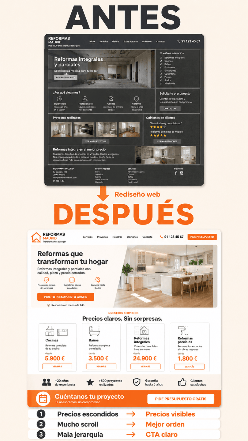 Demostración con la comparativa antes y después de una web de reformas